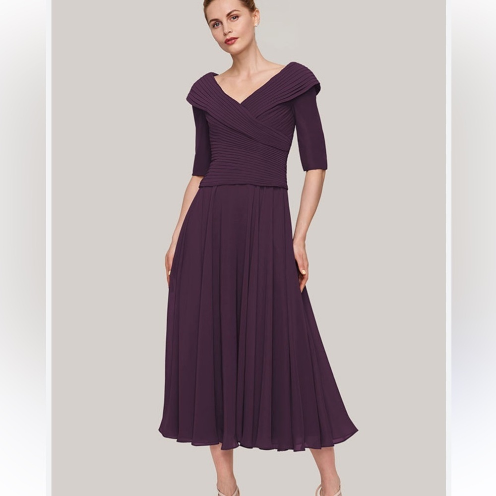 Stacees‎ Formal Evening V Neck Midi Dress Womens Mother of The Bride
